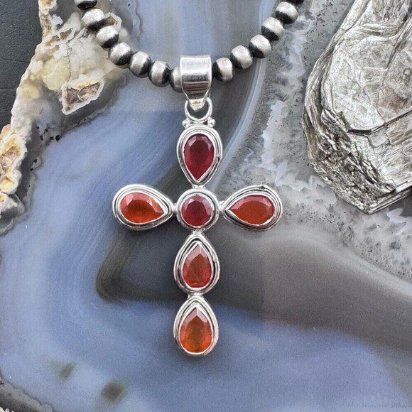Jewelry - Sterling Silver Southwestern Style Carnelian Decorated Cross Pendant For Women